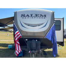 Load image into Gallery viewer, Journeyman Double RV Flag Pole Mount installed on a Forest River Salem Hemisphere travel trailer, featuring two flags displayed on a heavy-duty, no-drill hitch mounting system.